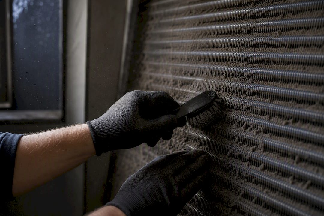 Hands cleaning dust off AC coil