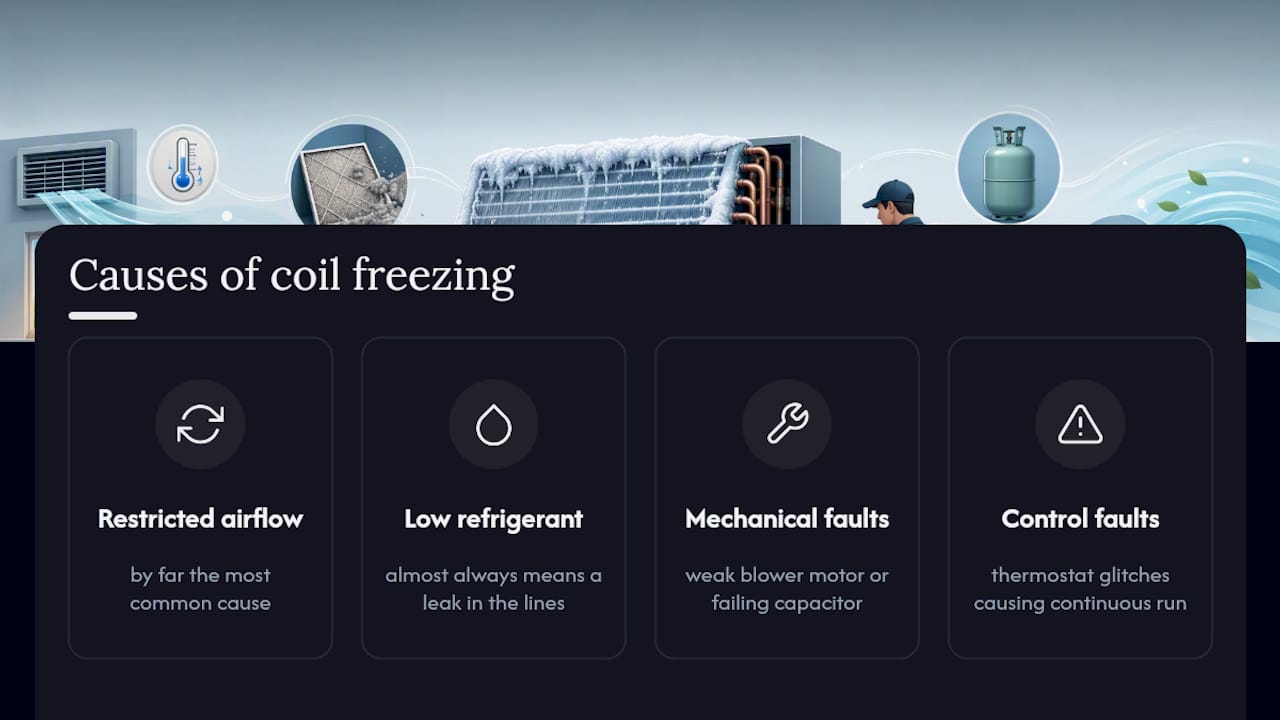 Diagram showing causes of AC coil freezing