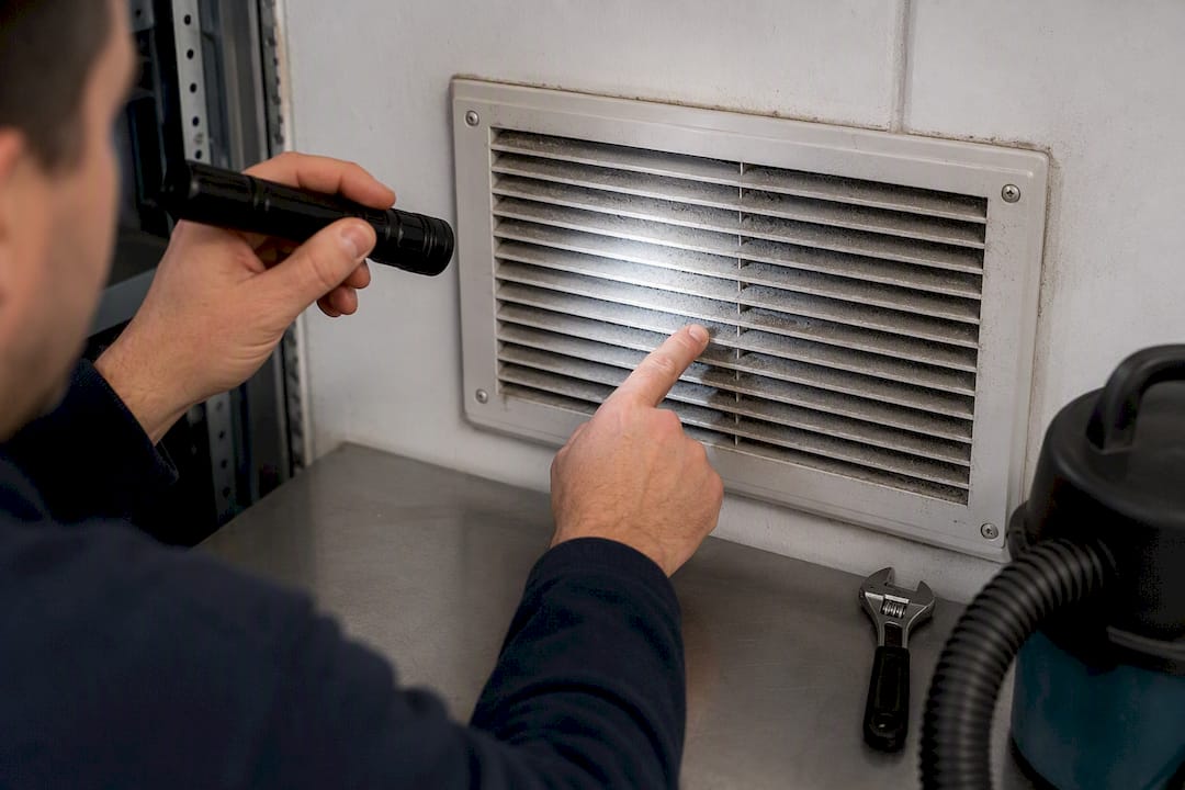 Hands inspecting HVAC vent with flashlight