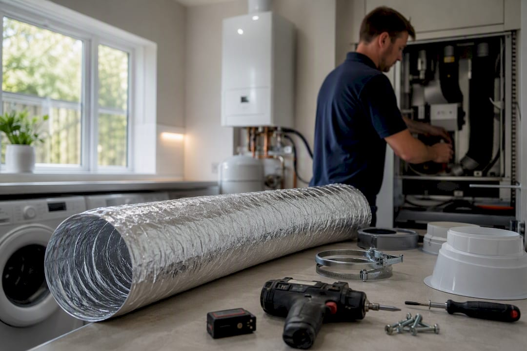 Home utility room during heat pump installation