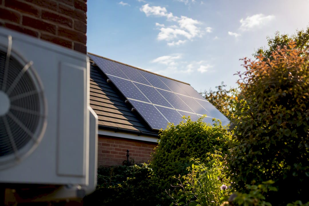 Solar panels and AC unit on sunny day