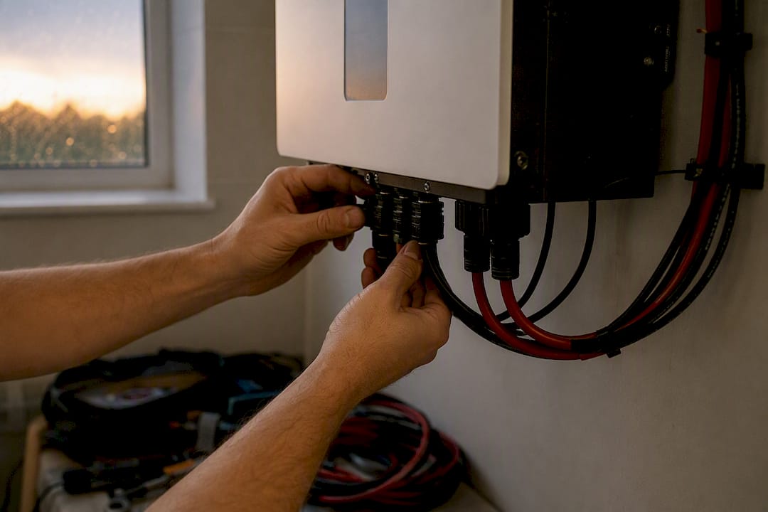 Hands adjusting inverter wiring close-up