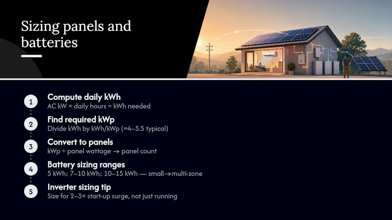 Diagram showing solar panel and battery sizing steps