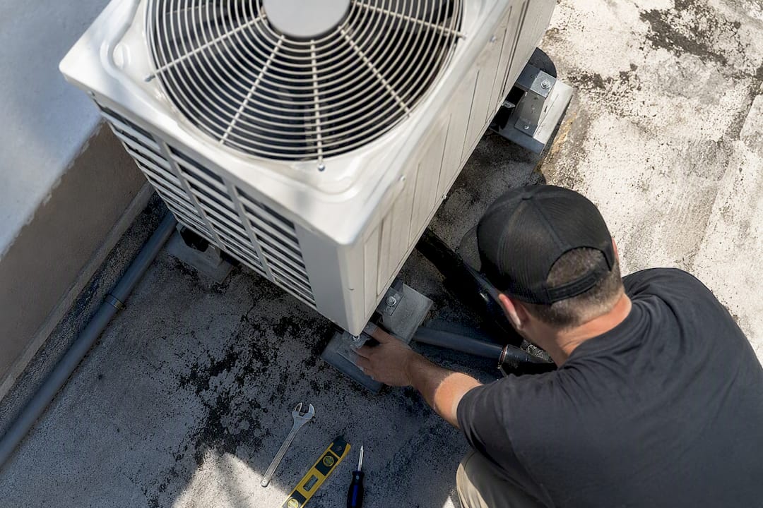 Hands inspecting rooftop AC unit mounts