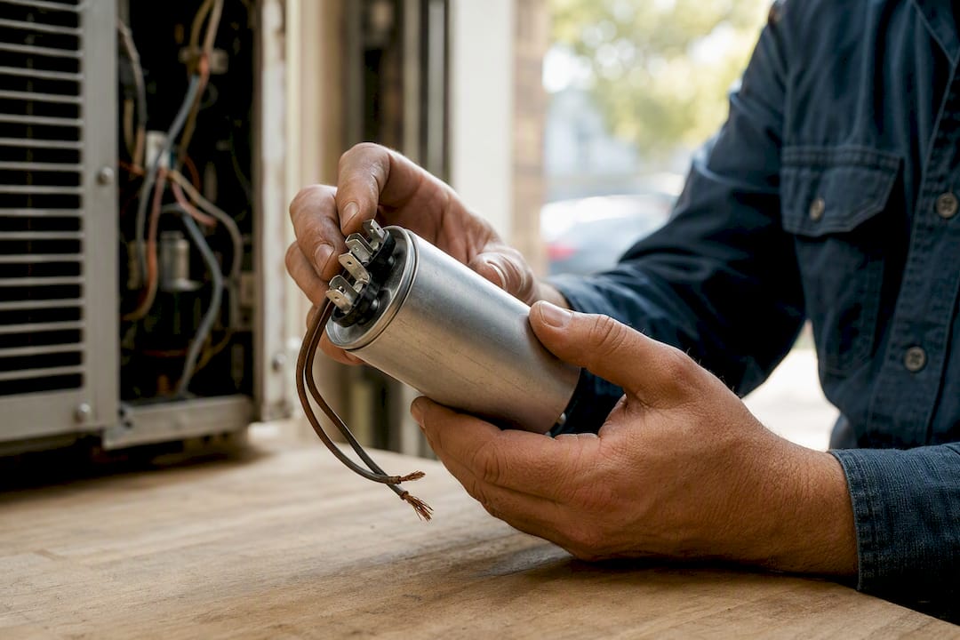 Hands examining AC start capacitor and wires