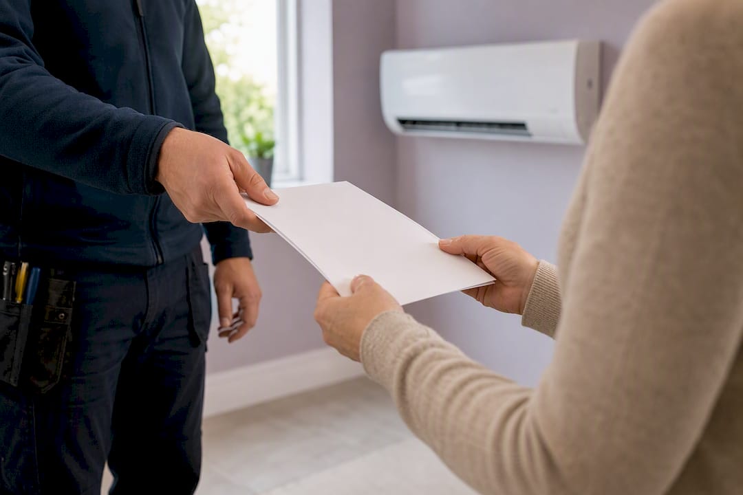Hands exchanging HVAC documentation paper