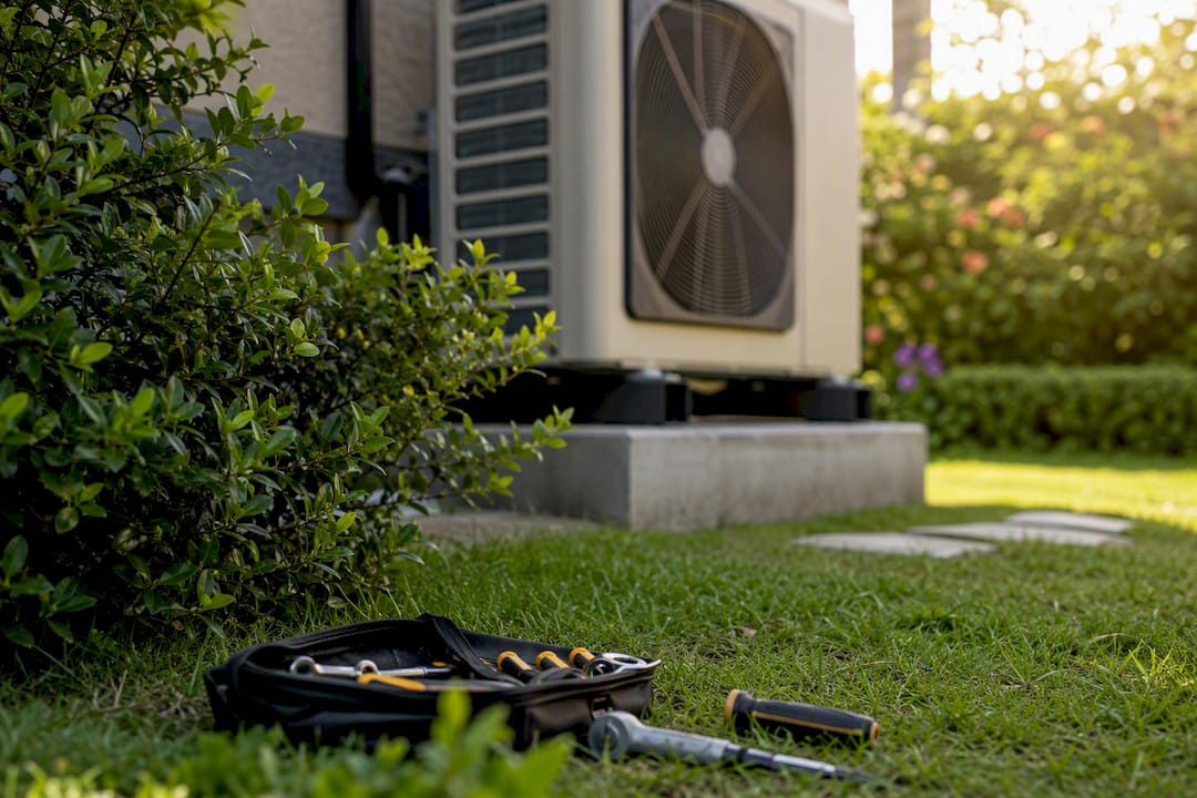 Partial view of HVAC condenser installed outdoors