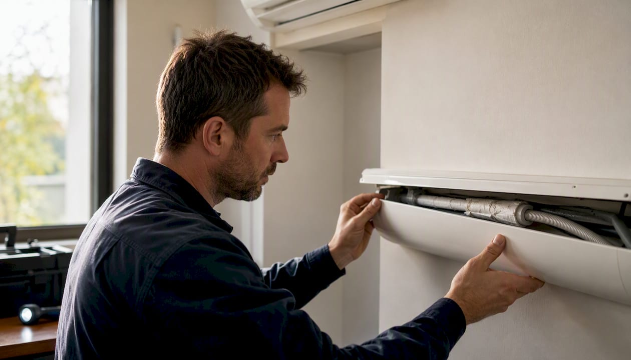 Hands inspecting aircon pipe trunking insulation
