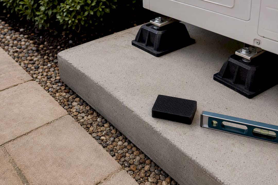 Level plinth and anti-vibration pads outdoors