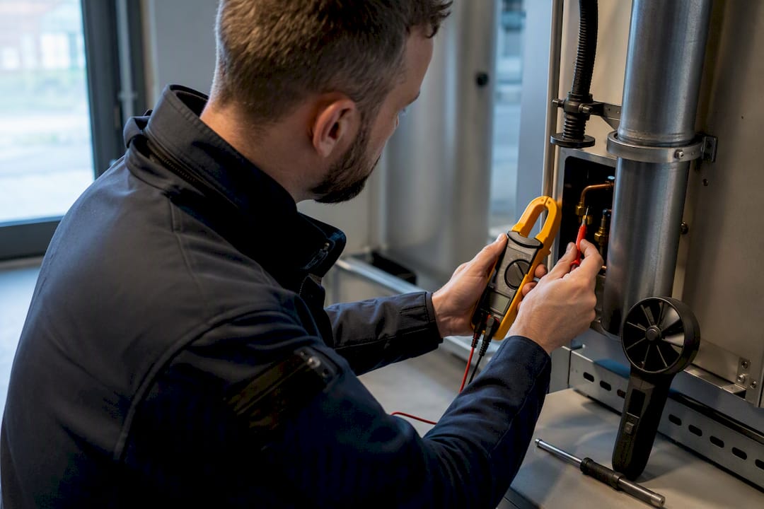 Technician measuring HVAC electrical draw