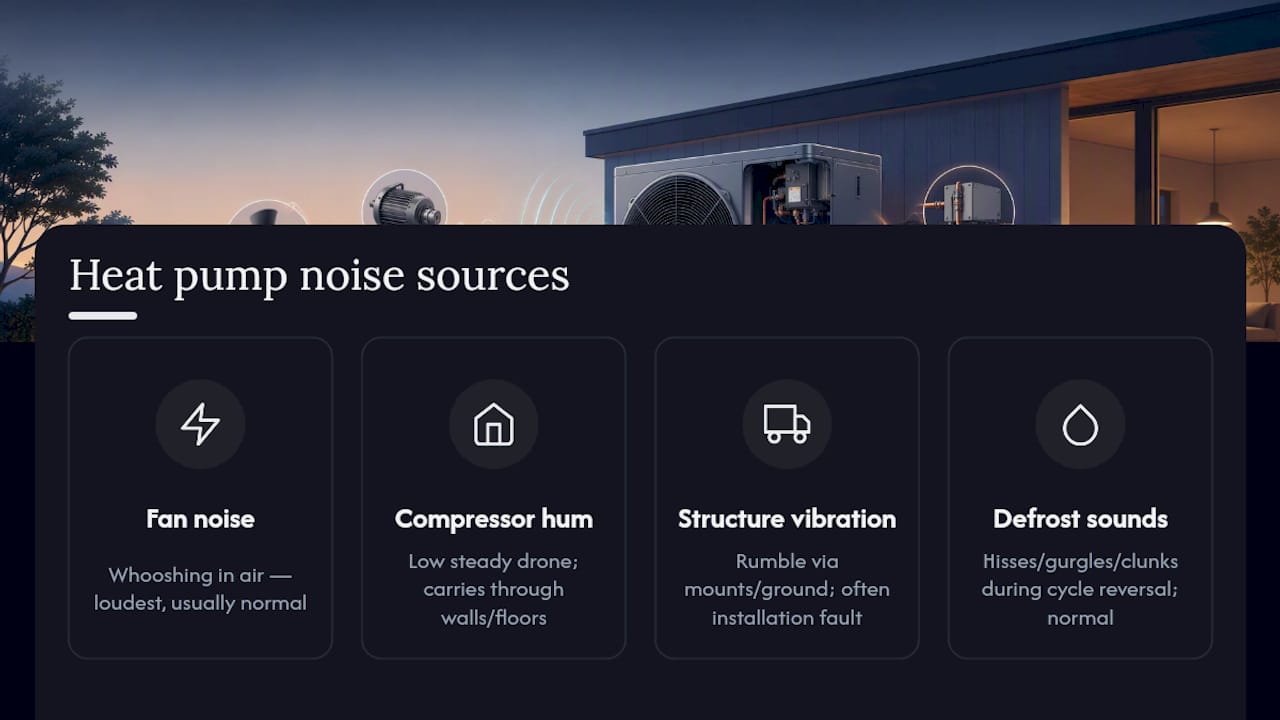 Four heat pump noise sources and transmission paths