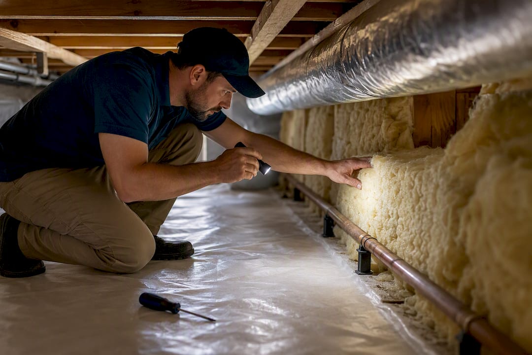 Technician inspecting insulation ducts and pipes