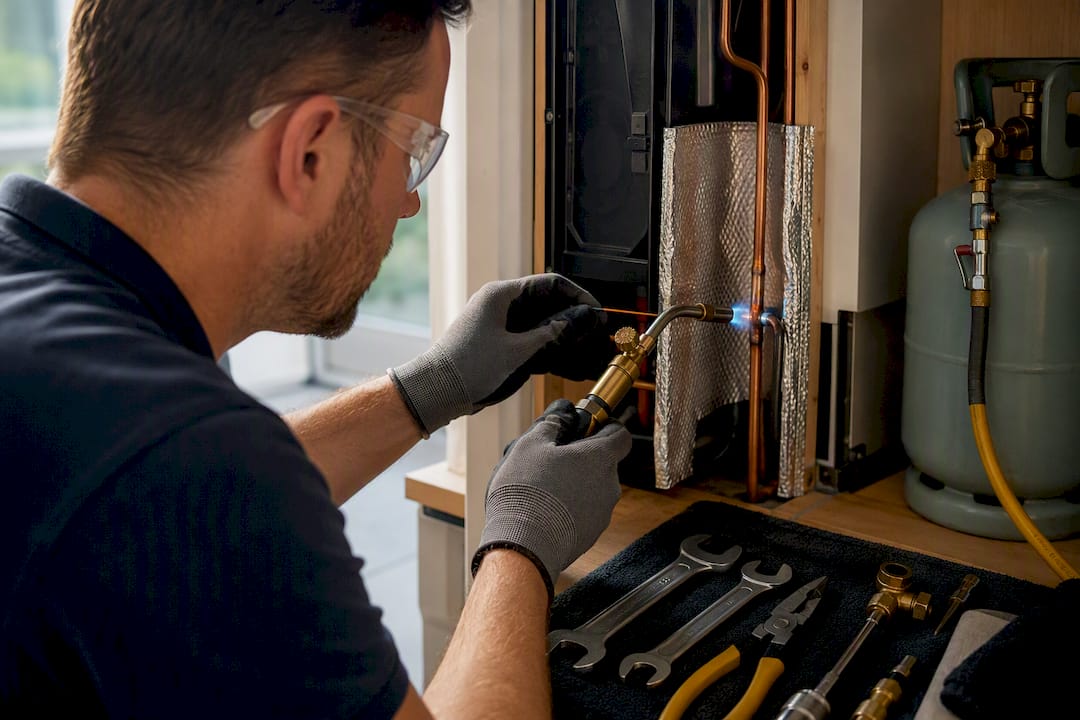 Engineer repairing copper refrigerant line