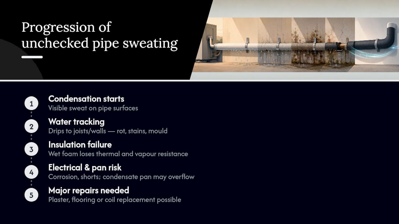 What happens if AC pipe sweating is left unfixed? — overview diagram