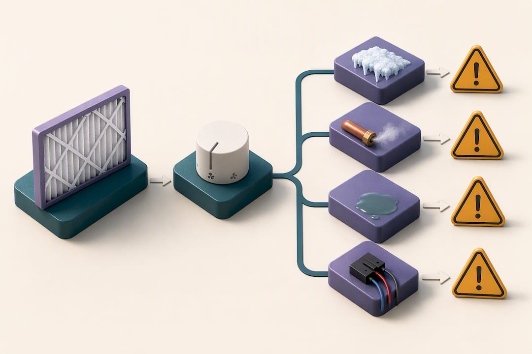 AC troubleshooting sequence with safety stop points