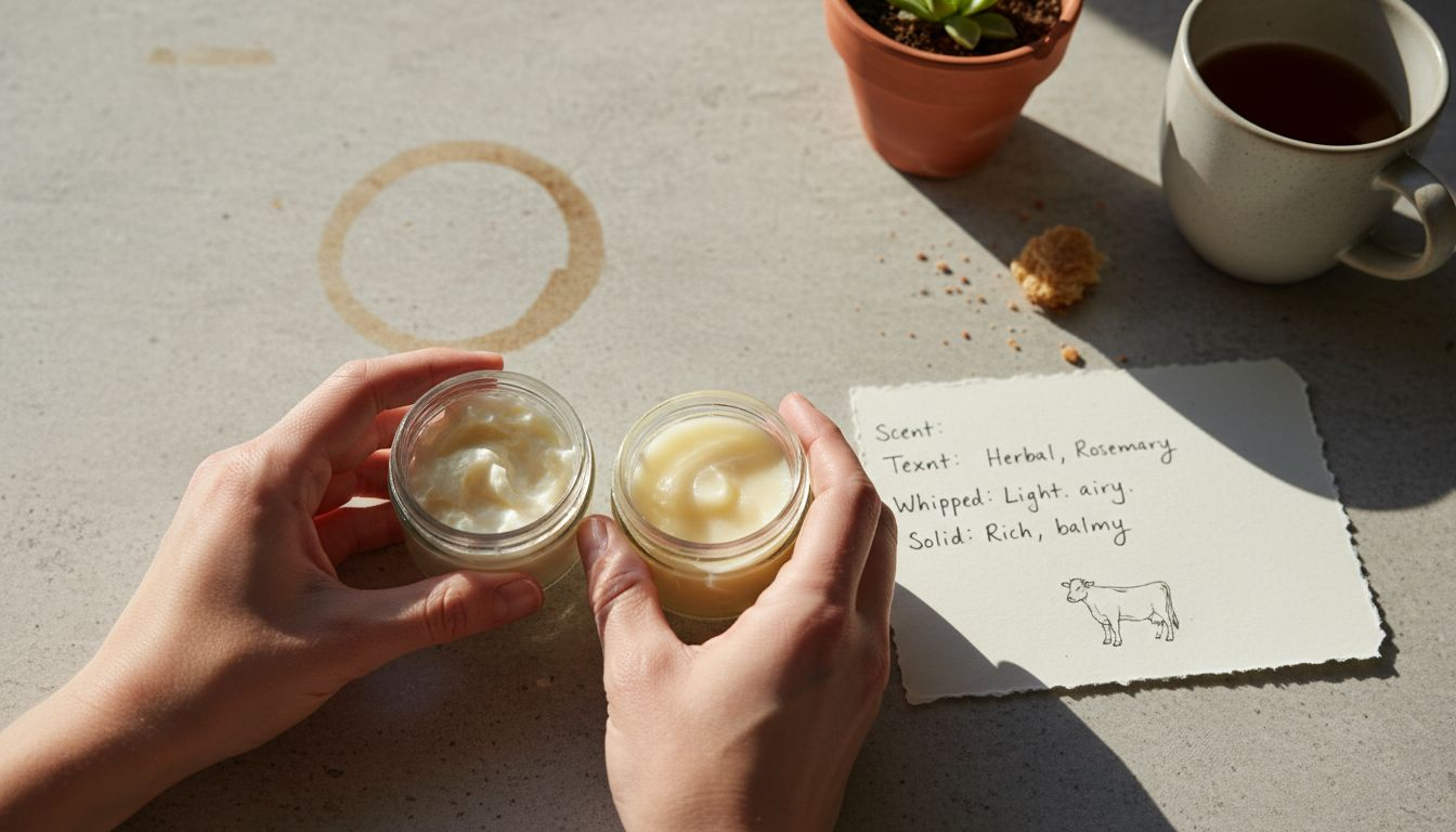 Hands comparing tallow moisturizer textures