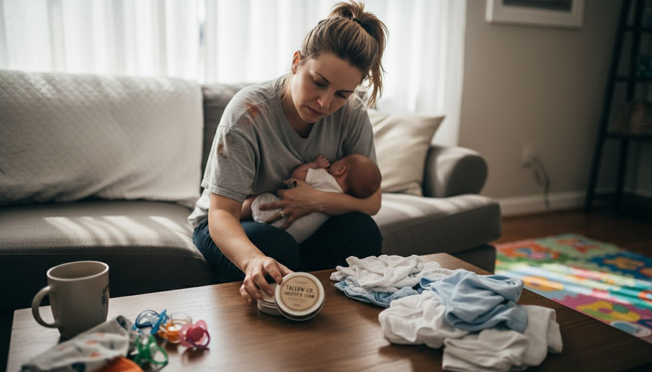 Nursing mother reaching for face cream