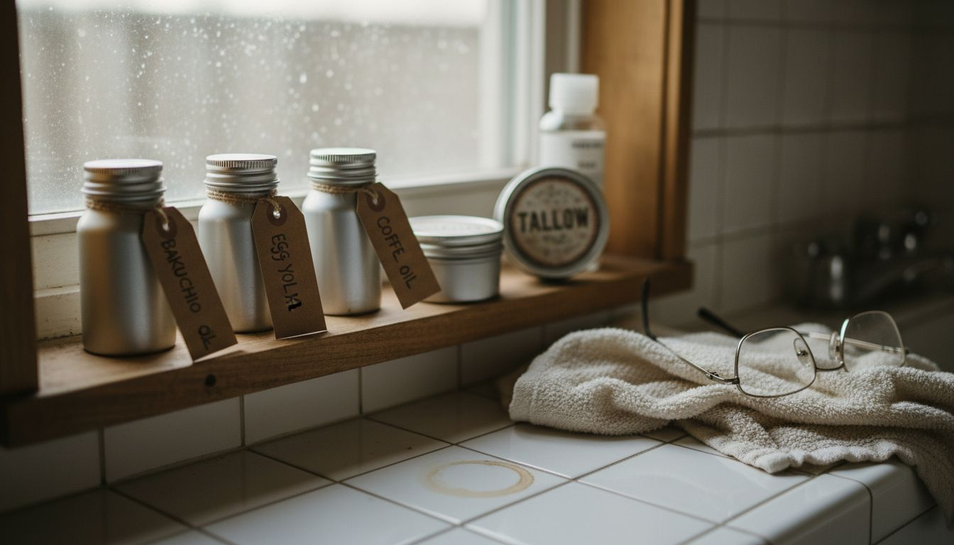 Ingredientes naturales para el cuidado de los ojos en el estante del baño.