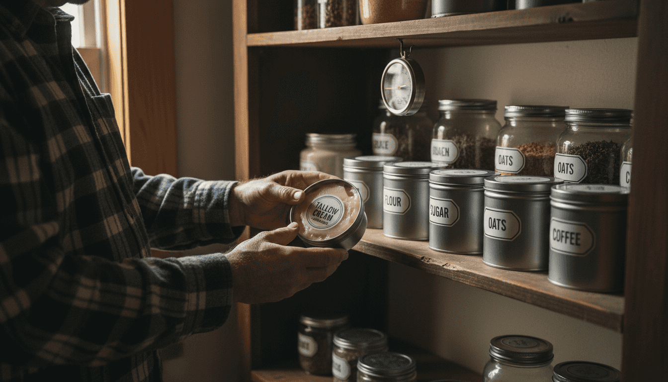 Man inspecting tallow storage containers in pantry