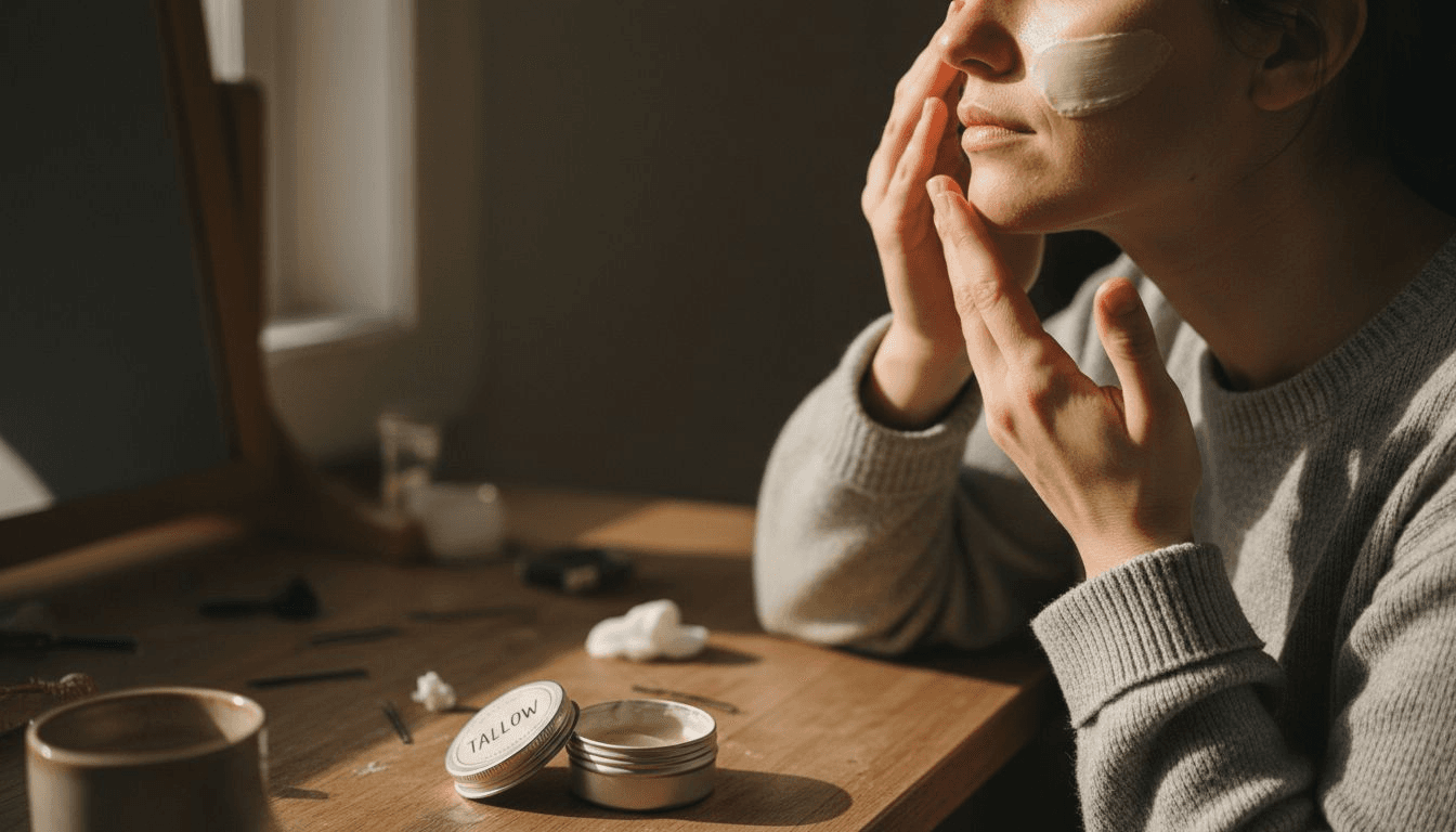 Hands massaging tallow balm onto face