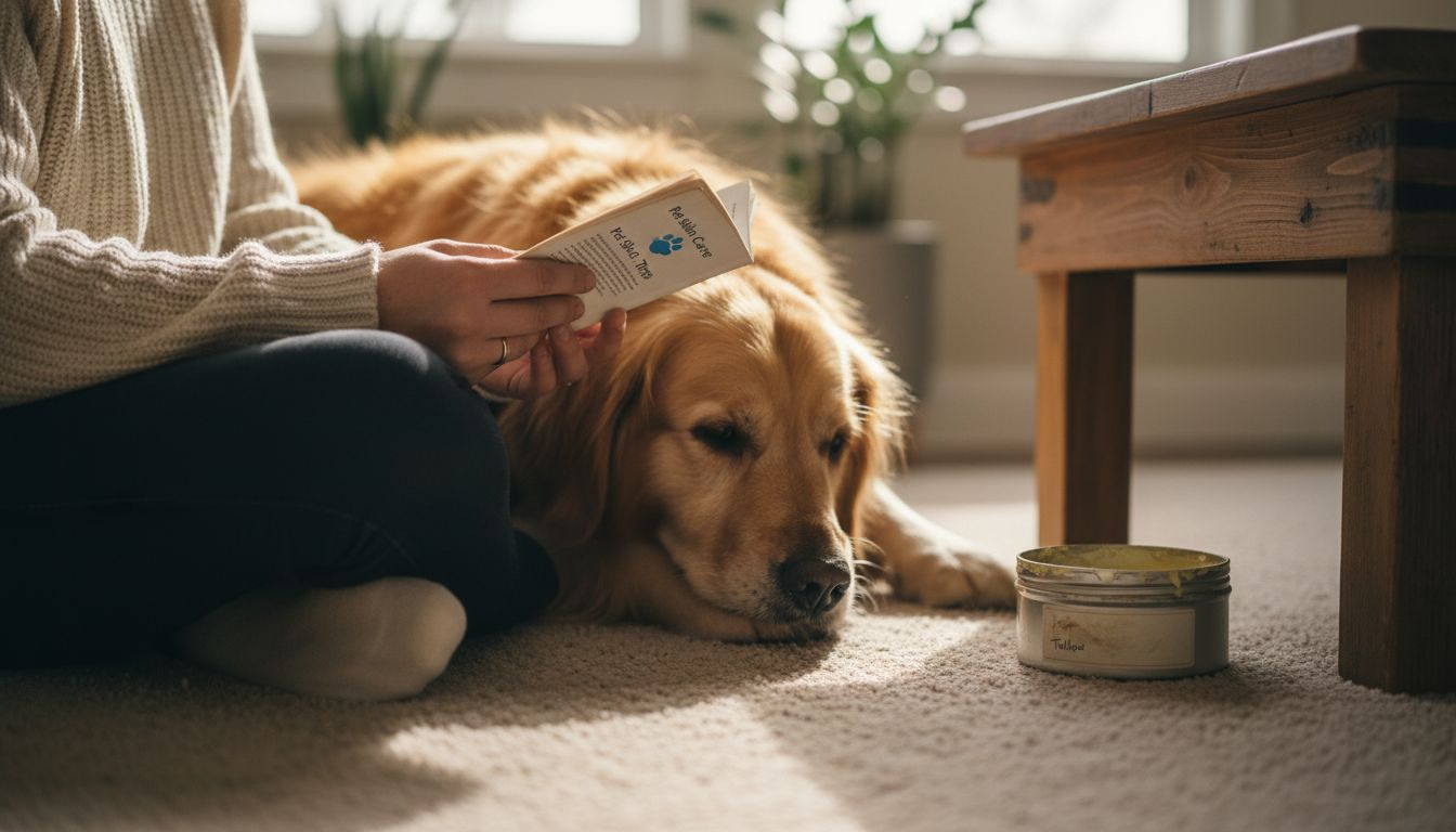 Dog resting near tallow jar for skin health