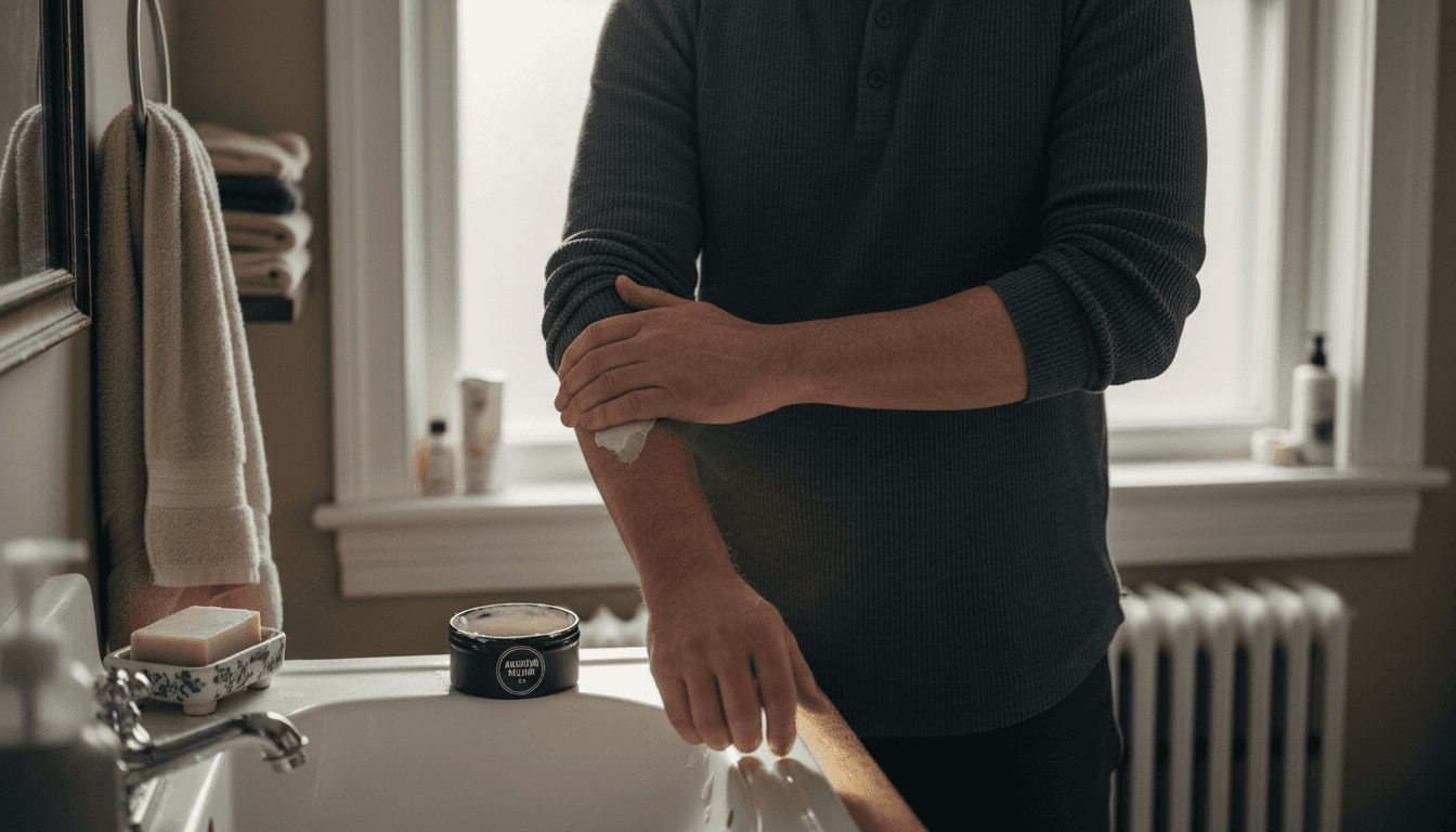 Man applying tallow lotion to dry elbows