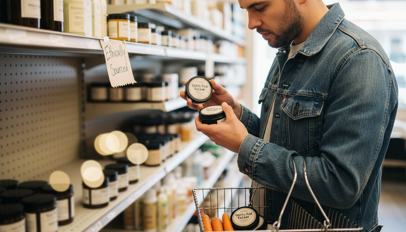 Shopper checking grass-fed tallow jar label