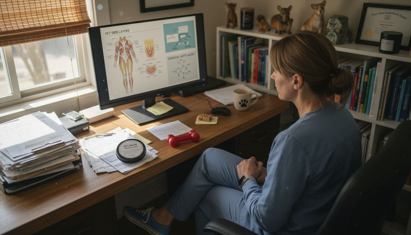 Vet reviewing pet skin and balm ingredients diagram