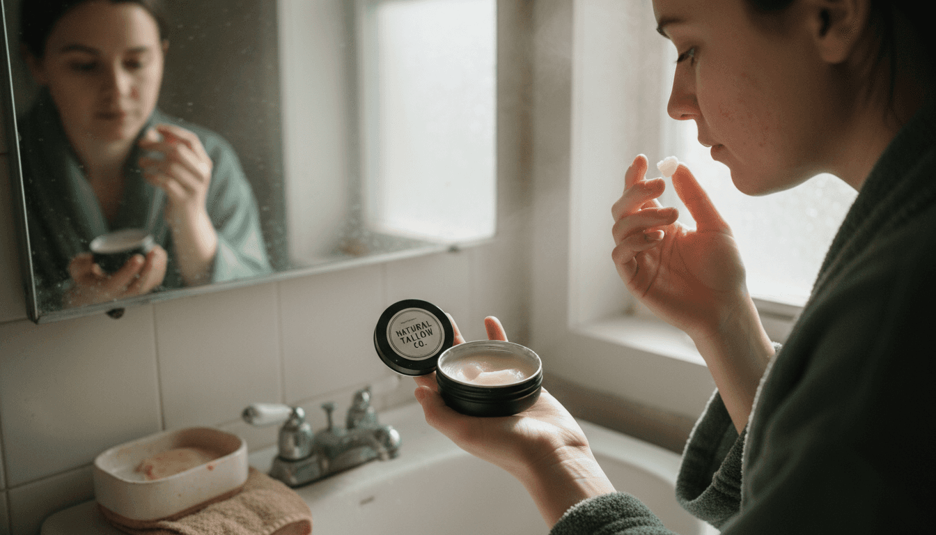 Person applying beef tallow balm to cheek
