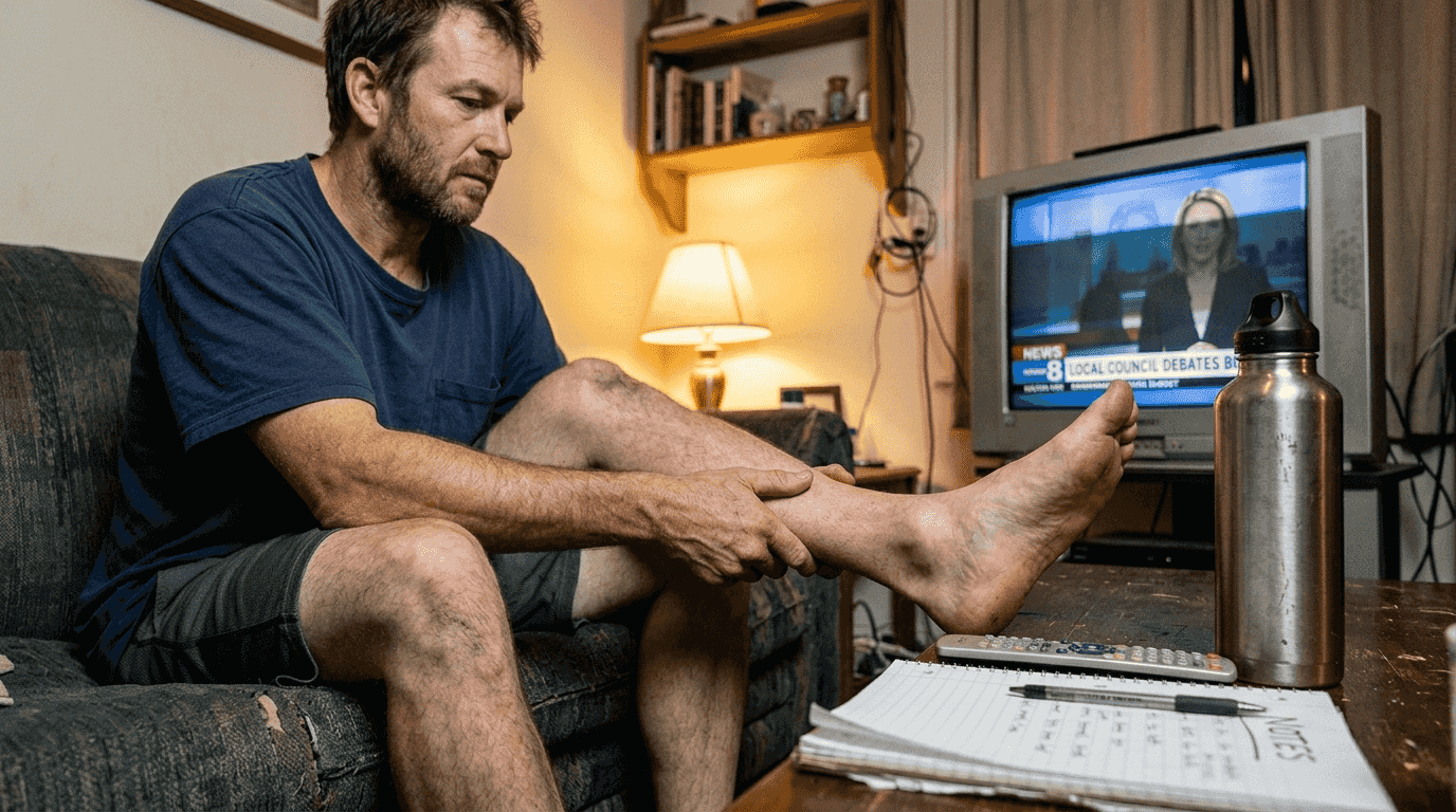 Man using acupressure on leg at home