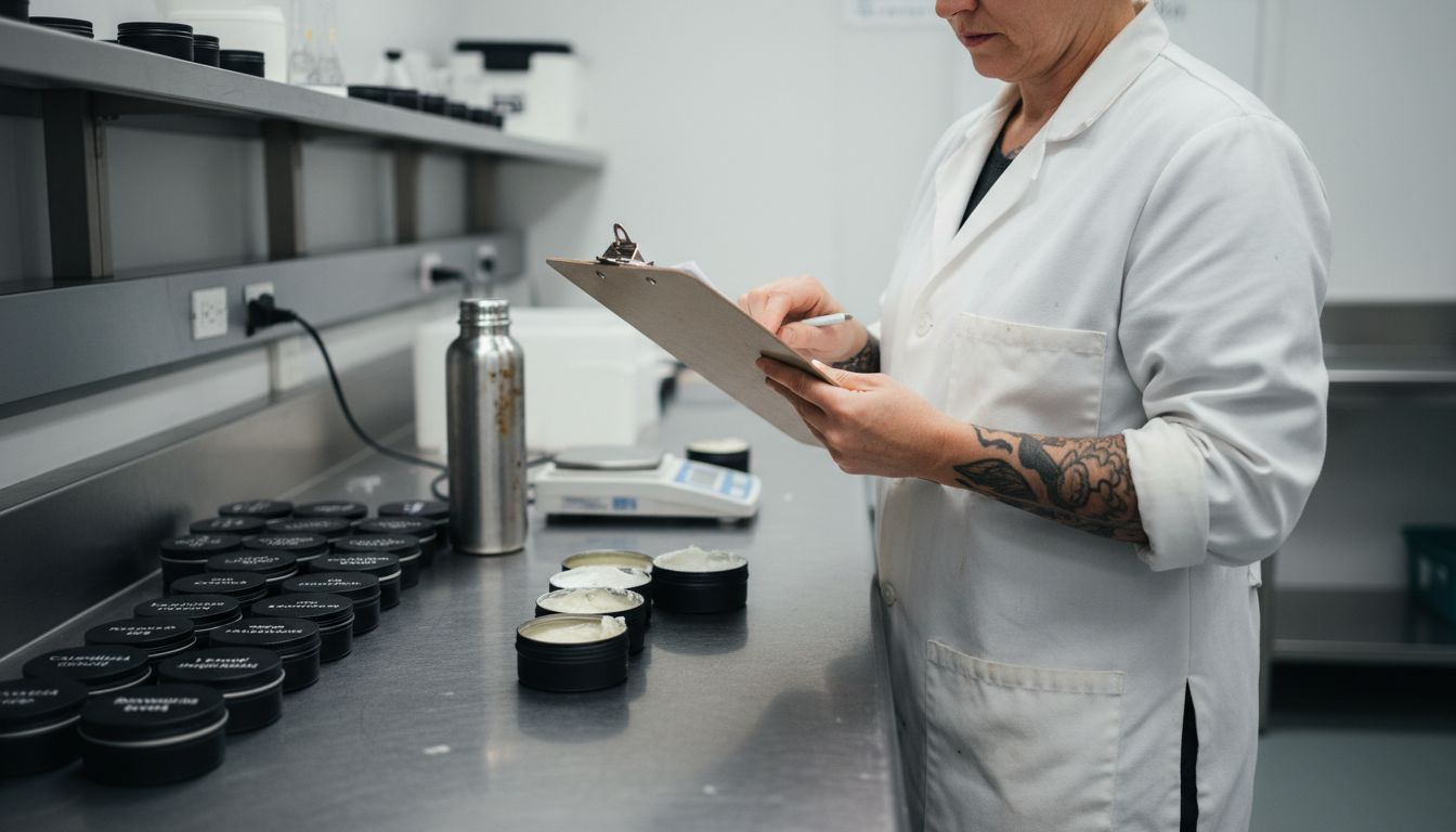 Lab technician reviews jars for skincare certification