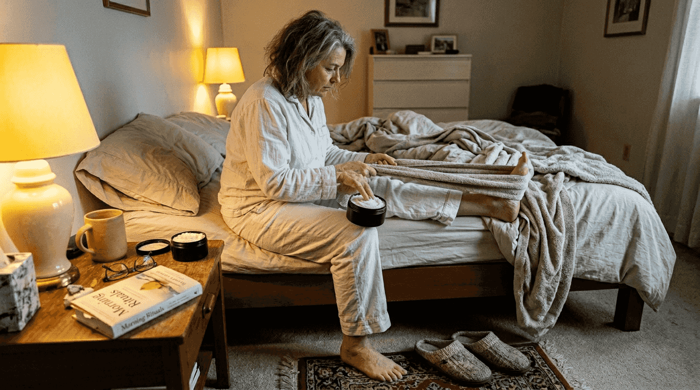Woman stretching calves before bedtime for relief