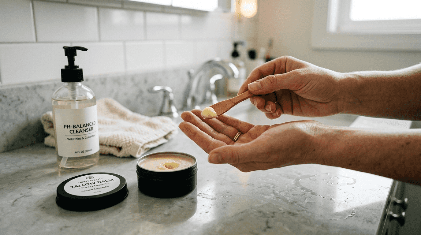 Hands scooping tallow balm with spatula