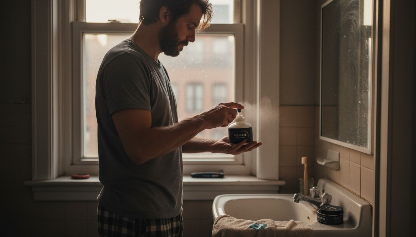 Man preparing magnesium lotion at bedtime