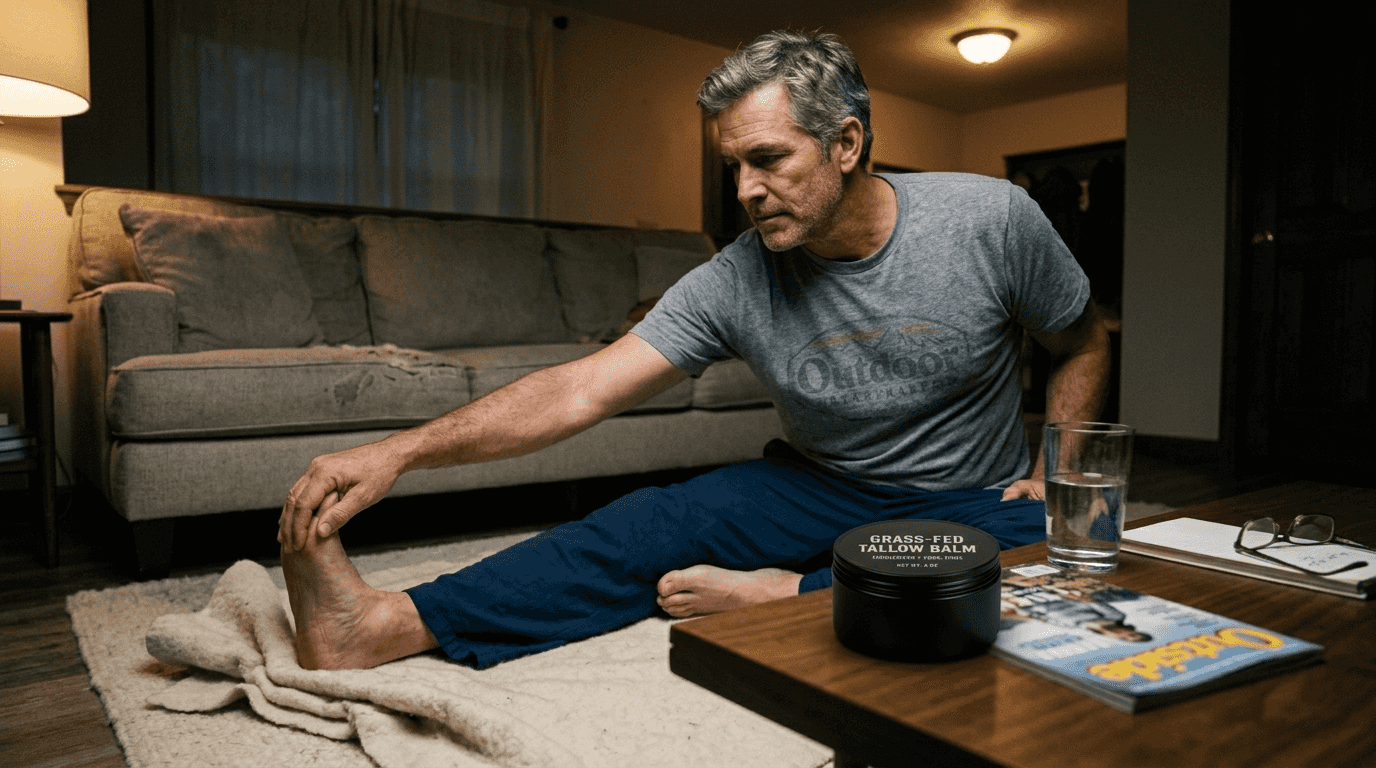 Man stretching muscles before bedtime