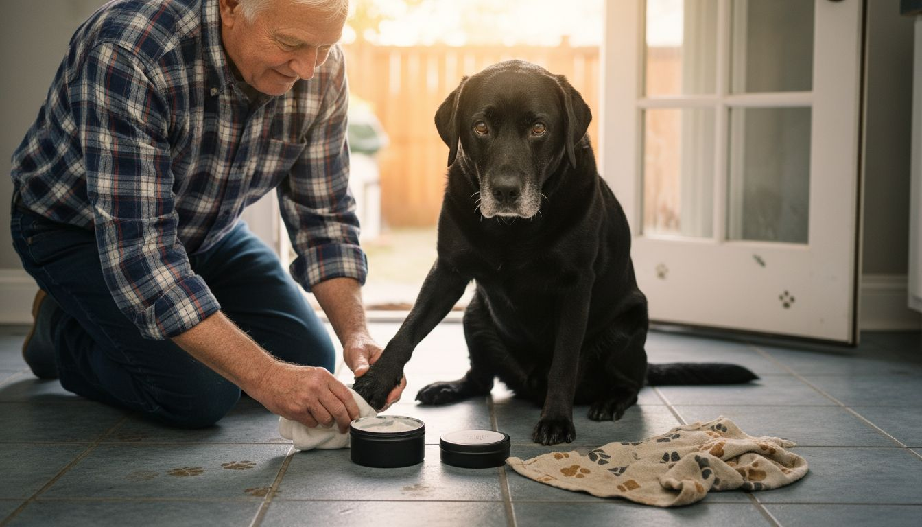 Dueña aplica humectante en la pata de un perro anciano