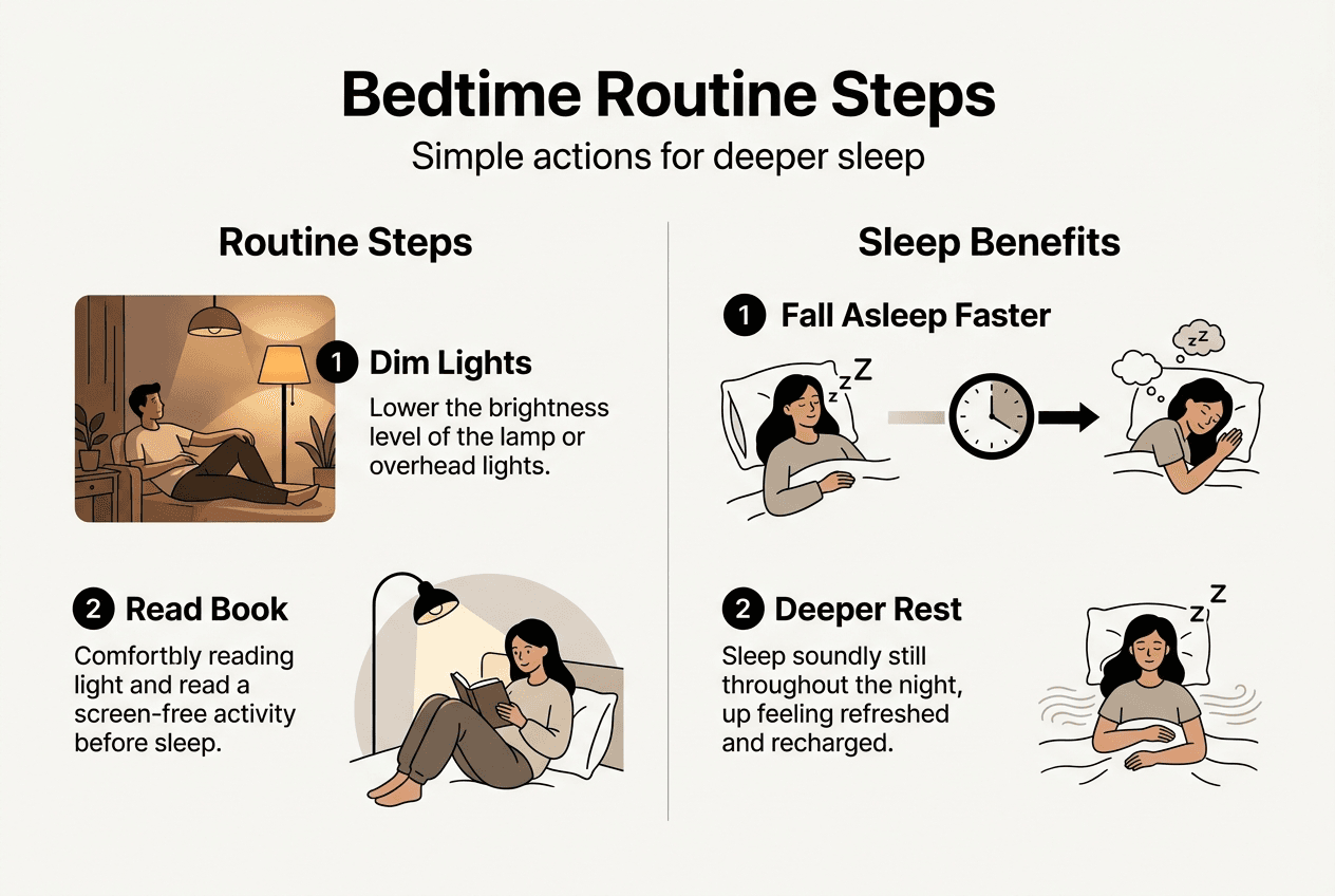 Infographic showing steps and benefits of bedtime routine