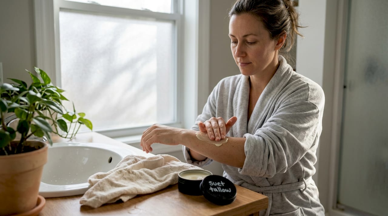 Woman applying tallow balm to her arm