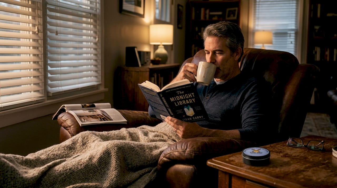 Man relaxing at home, magnesium bottle nearby