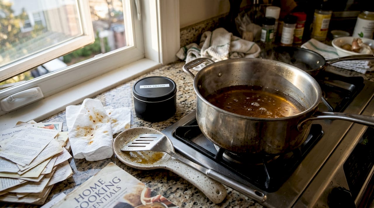 Overcooked beef tallow in kitchen pot