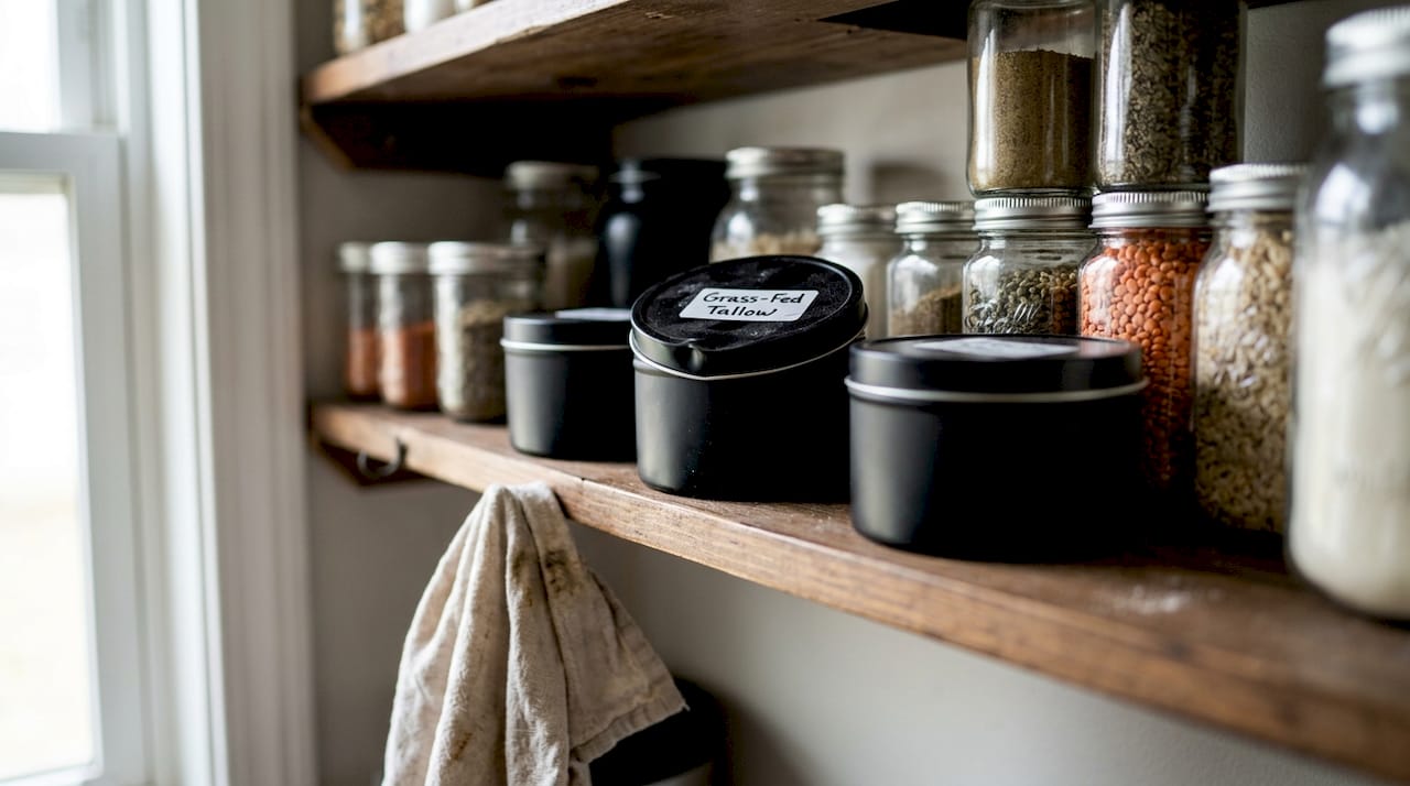 Shelf with labeled tallow jars in kitchen