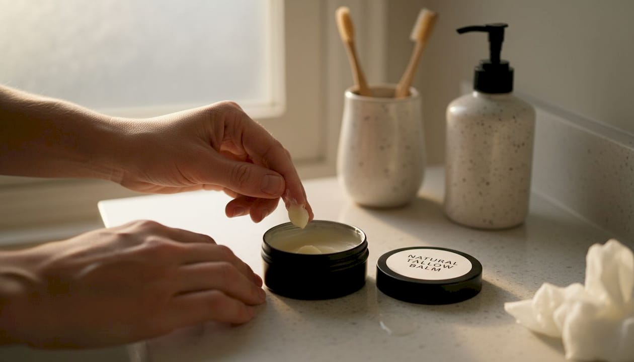 Close-up hands with tallow balm application
