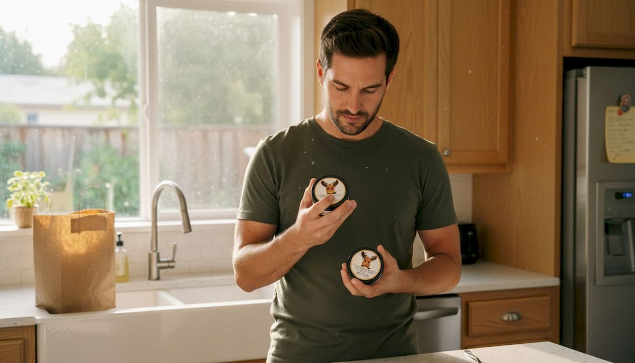 Man comparing tallow jars at kitchen counter