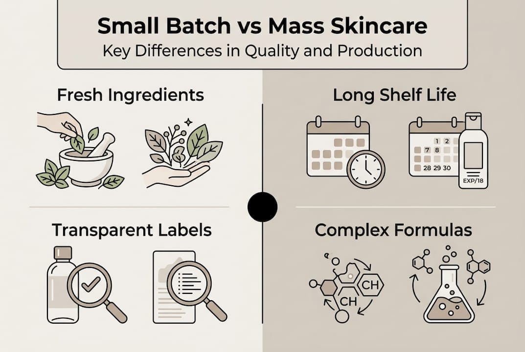Infographic comparing small batch and mass skincare