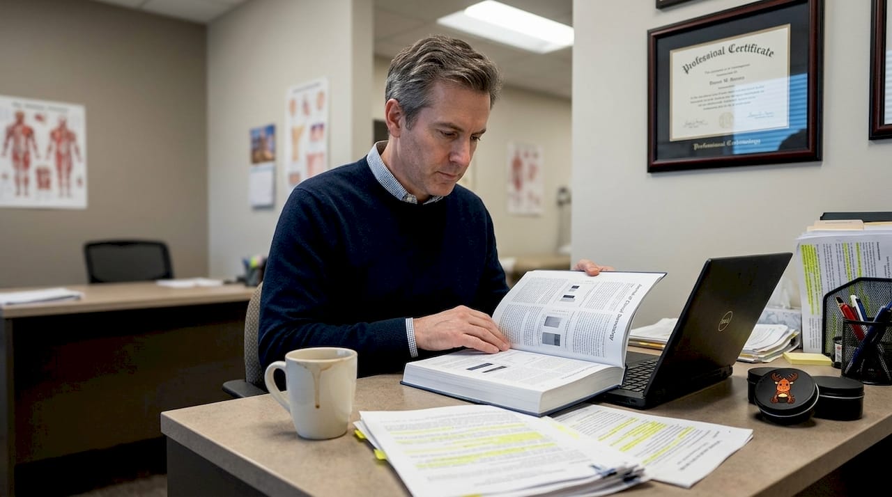 Dermatologist reviewing clinical journal in office