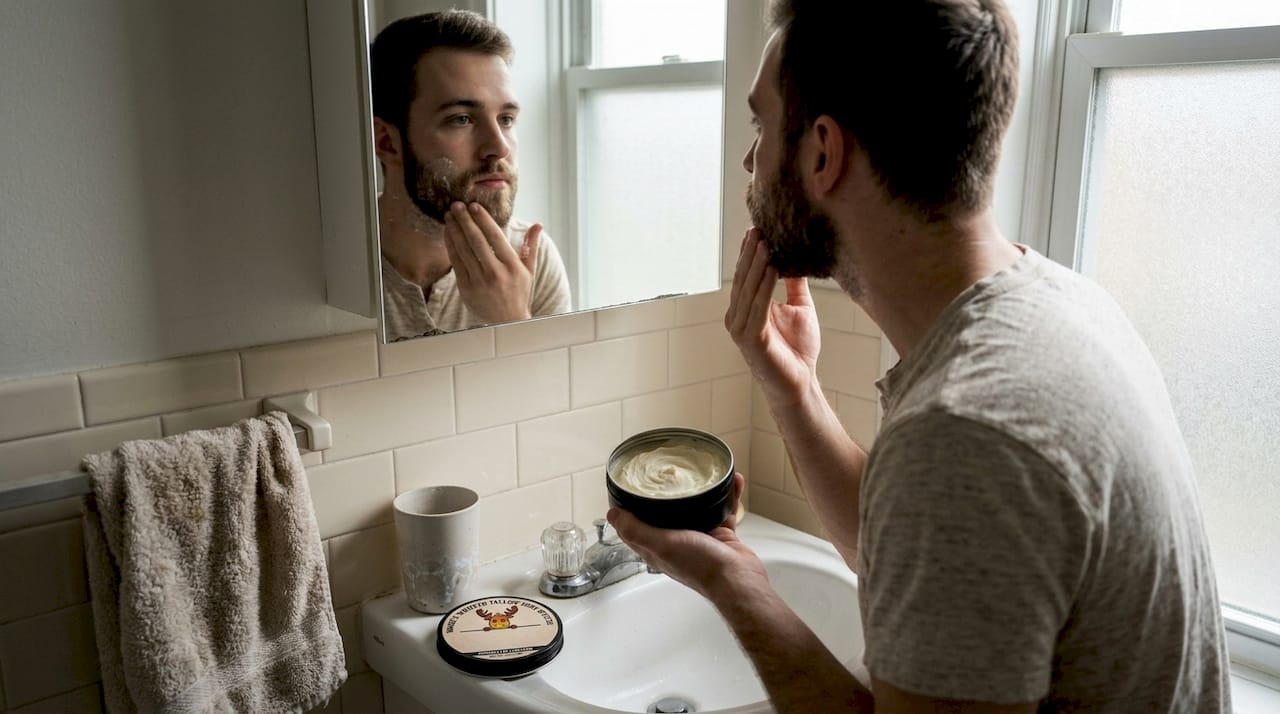 Man applying oil to beard in bathroom