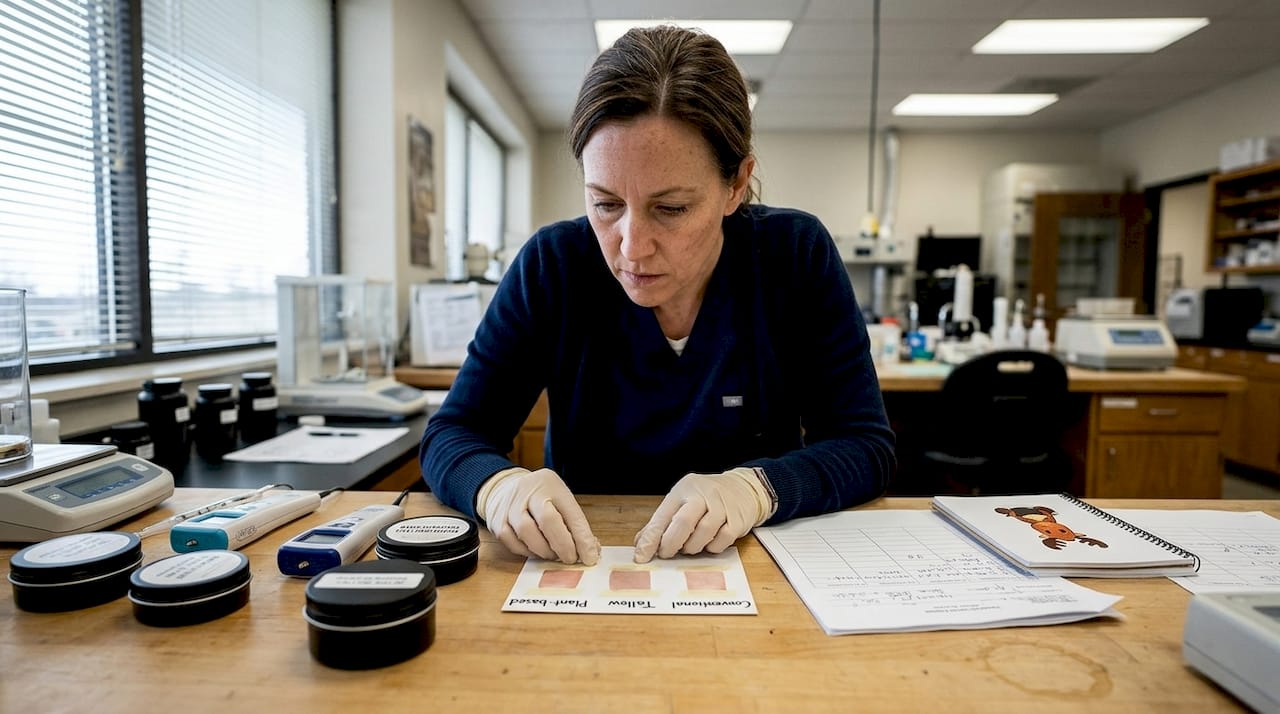 Lab technician comparing cream samples for hydration