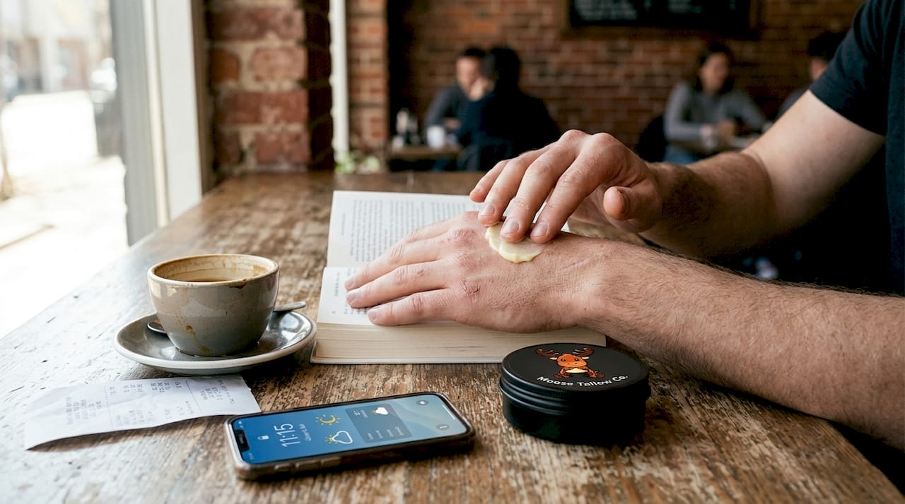 Hand moisturizing skin at café table