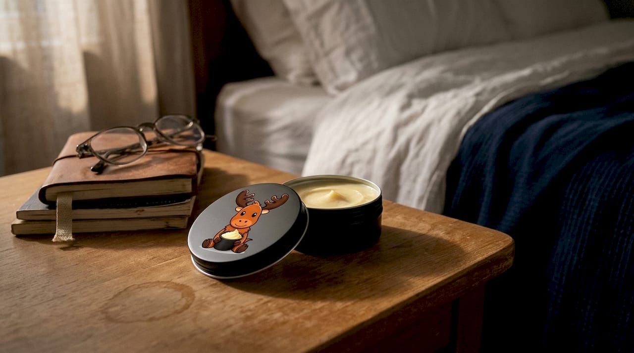 Overnight eye cream jar on bedside table