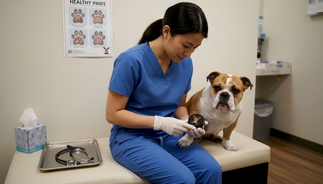 Vet applying balm to dog's dry paw in clinic